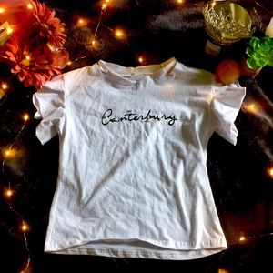 white tee shirt with shoulder slits &puffy sleeve